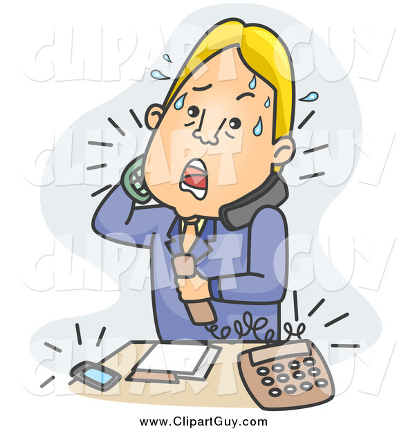 Clip Art of a Stressed Blond White Businessman Answering Phone Calls over Blue