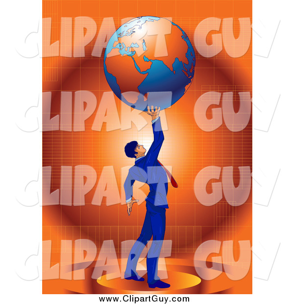 Clip Art of a Strong Successful Businessman in a Blue Suit Holding up Planet Earth over Orange