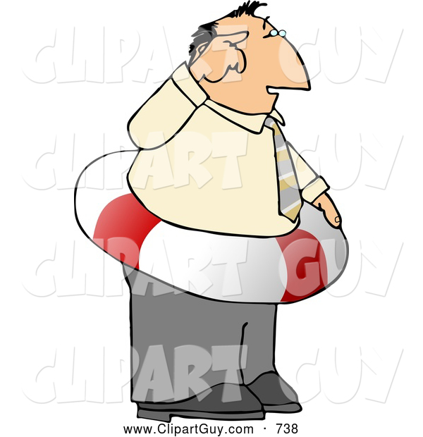 Clip Art of a Thinking Ahead Caucasian Businessman Wearing a Life Preserver Float Tube Around His Waist - Concept