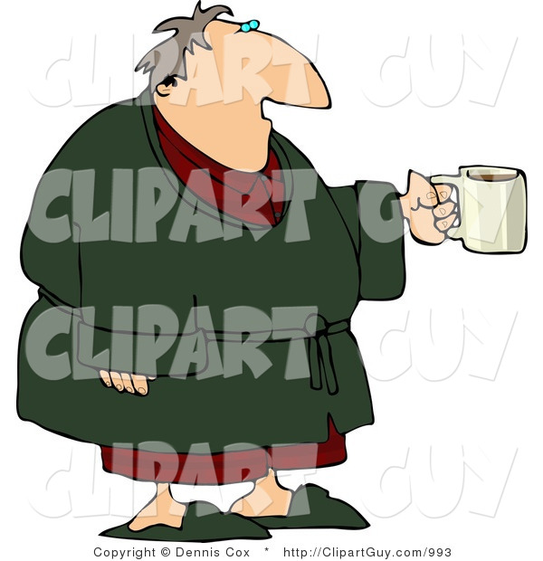 Clip Art of a Tired Man Wearing a Green Housecoat and Holding a Cup of Coffee During the Early Morning of His Day