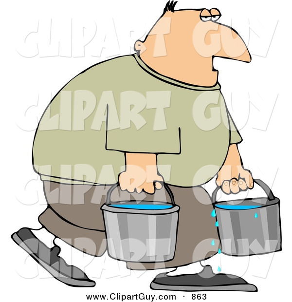 Clip Art of a Tired White Man Carrying Buckets of Water