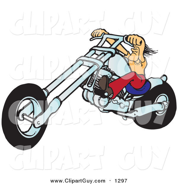 Clip Art of a Tough White Biker Dude Resting His Arms on His Chopper Handles While Taking a Ride on His Chrome Motorcycle