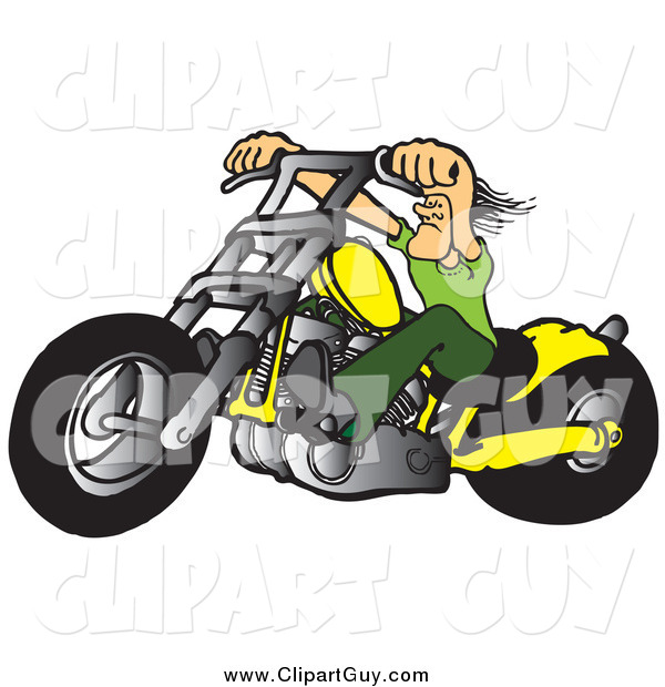 Clip Art of a Tough White Biker Dude Resting His Arms on His Chopper Handles While Taking a Ride on His Yellow Motorcycle