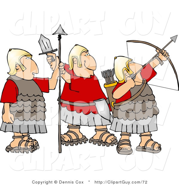 Clip Art of a Trio of Roman Soldiers Armed with Bow & Arrow, Sword, and Spear