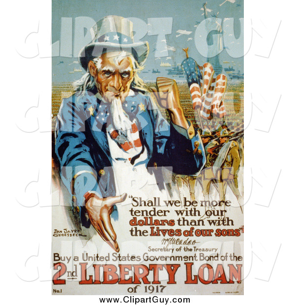 Clip Art of a Uncle Sam, Buy a United States Government Bond of the 2nd Liberty Loan of 1917 Vintage Poster Image