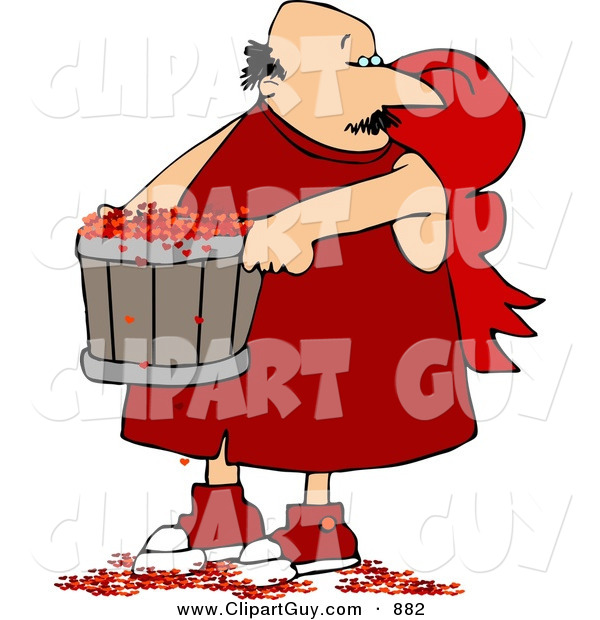 Clip Art of a Valentine's Day Caucasian Cupid Man Carrying a Bucket Full of Tiny Red Love Hearts