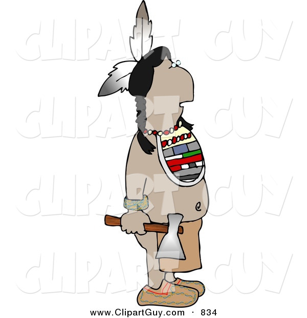 Clip Art of a Warrior Indian Standing with a Hatchet in His Hand
