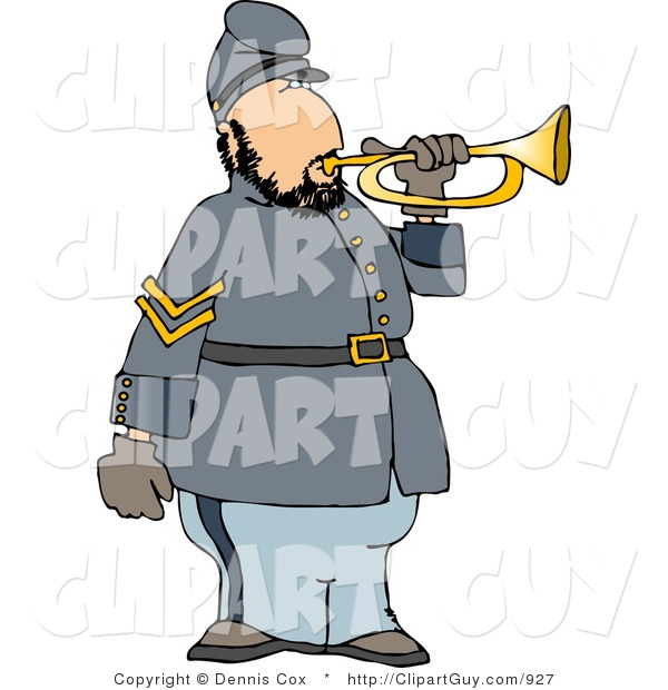 Clip Art of a White American Civil War Soldier Blowing into a Bugle Horn