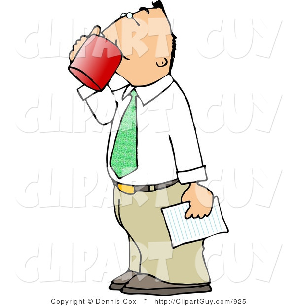 Clip Art of a White Businessman Holding a Letter and Drinking a Cup of Coffee