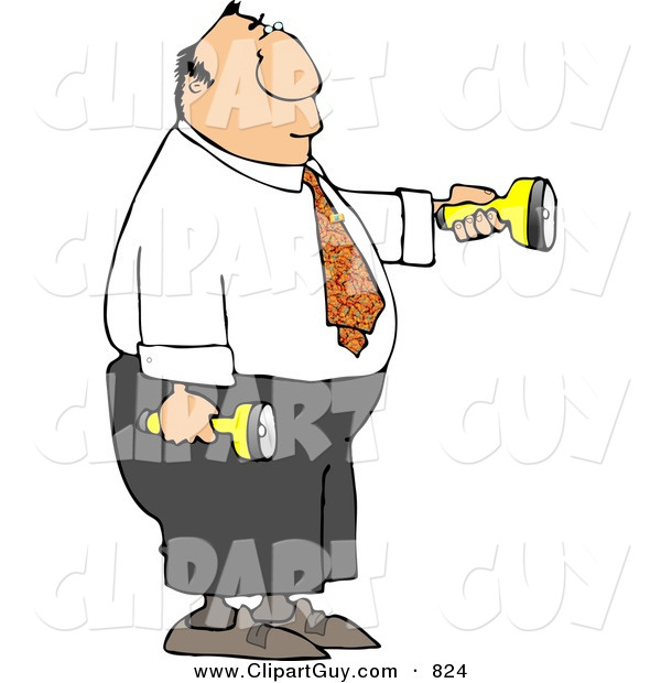 Clip Art of a White Businessman Shining Flashlights in Dark Places