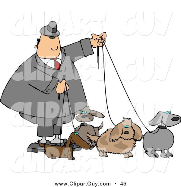 Clip Art of a White Businessman Walking Four Dogs on Leashes