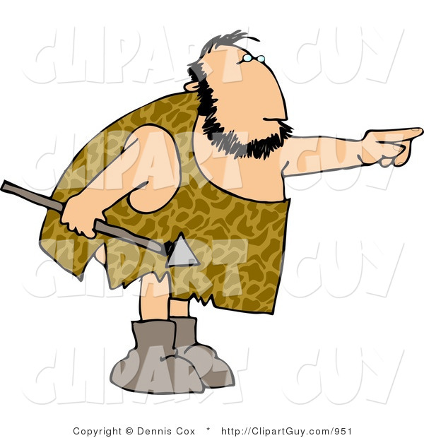Clip Art of a White Caveman Holding a Spear and Pointing His Finger at Something
