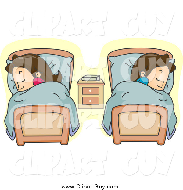 Clip Art of a White Couple Sleeping in Separate Beds