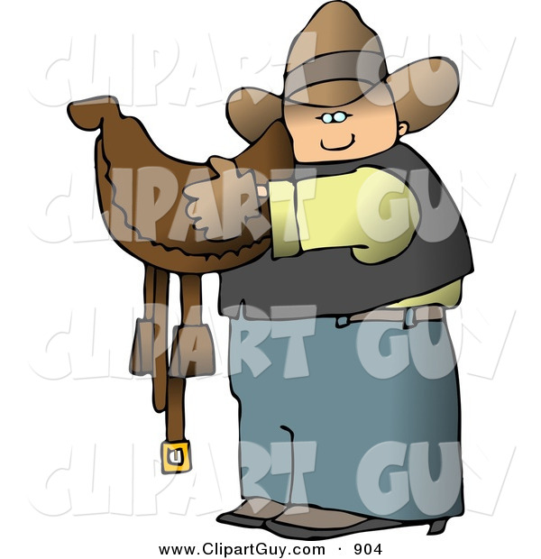 Clip Art of a White Cowboy Carrying a Brown Leather Horse Saddle