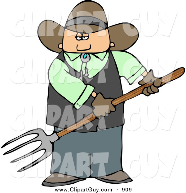 Clip Art of a White Cowboy Farmer Guy Holding a Pitchfork