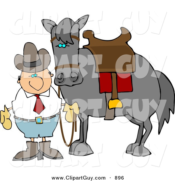 Clip Art of a White Cowboy Man Standing Beside a Saddled Horse