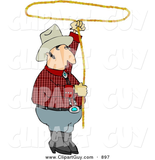 Clip Art of a White Cowboy Practicing with a Lariat Rope