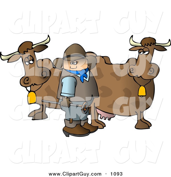 Clip Art of a White Cowboy Standing Beside Milk Cows with a Hot Branding Iron