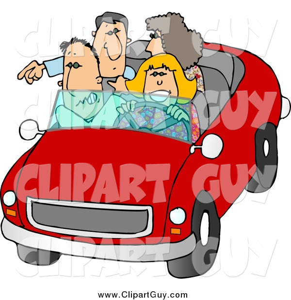 Clip Art of a White Family and Friends Going on a Road Trip