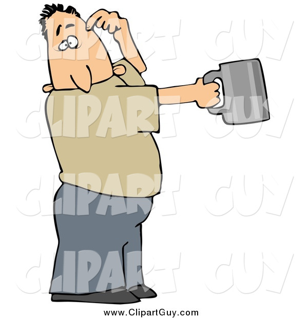 Clip Art of a White Guy Scratching His Head and Holding out a Tin Cup, Hoping for Financial Assistance and Loans