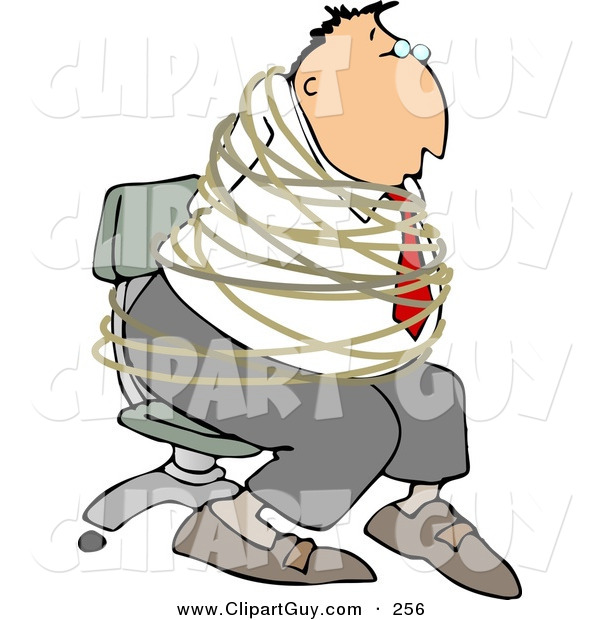 Clip Art of a White Hostage Businessman Tied with Rope to a Chair