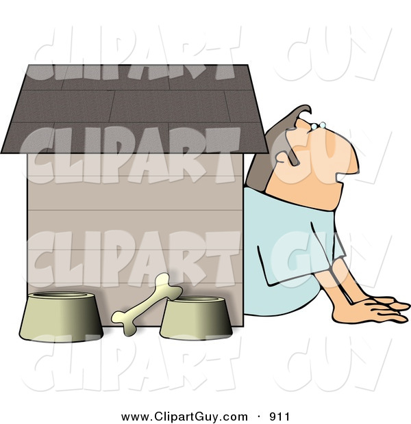 Clip Art of a White Husband in Trouble with His Wife, Sitting Outside of a Doghouse with a Bone and Food & Water Bowls