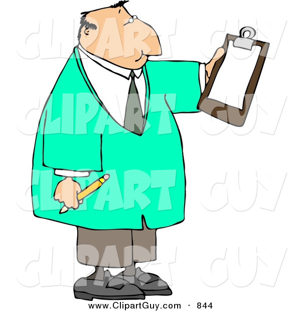 Clip Art of a White Male Doctor Reading Checklist on Clipboard and Holding a Pencil
