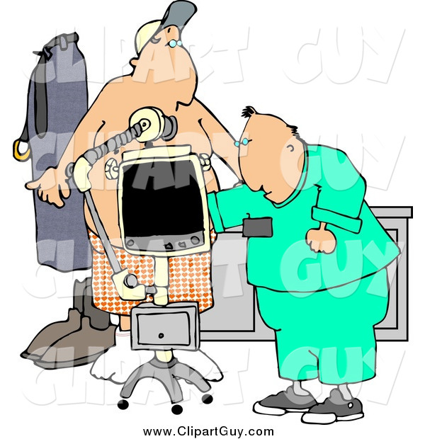 Clip Art of a White Male Doctor Taking Getting an X-ray of His Patients Stomach/Chest Area