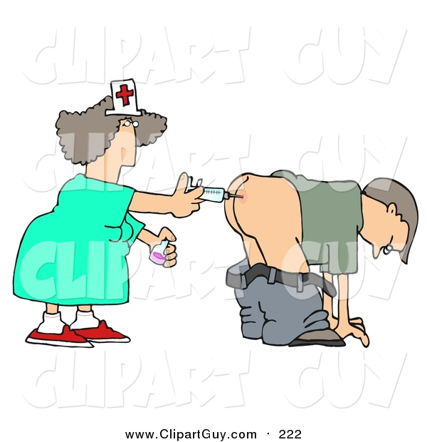 Clip Art of a White Male Patient Getting Shot in the Butt by a Nurse with a Syringe