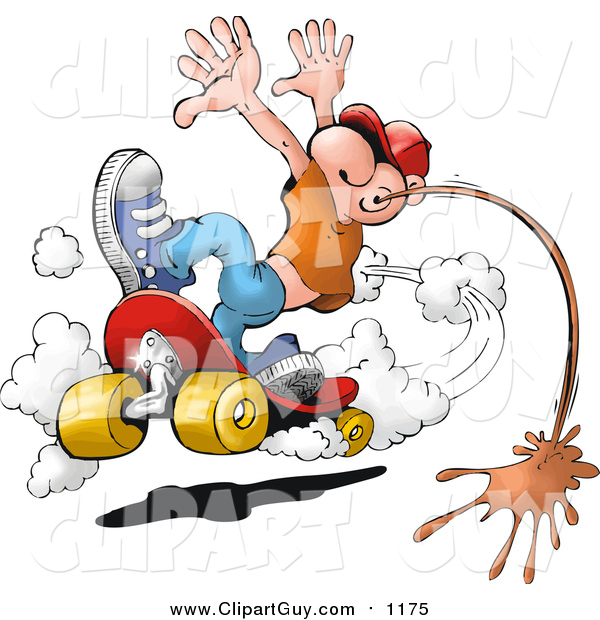 Clip Art of a White Man Doing a Skateboarding Stunt and Spitting Chewing Tobacco on the Ground