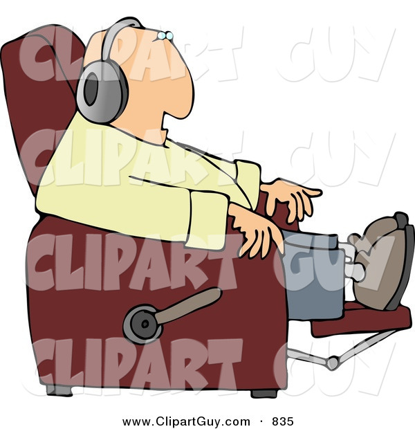 Clip Art of a White Man Sitting in a Recliner and Wearing Earphone