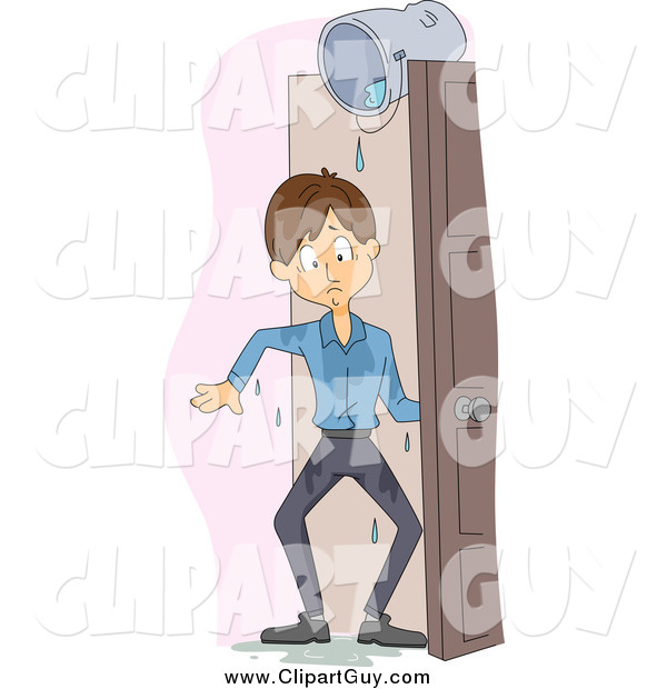 Clip Art of a White Man Soaked from a Bucket of Water in a Doorway