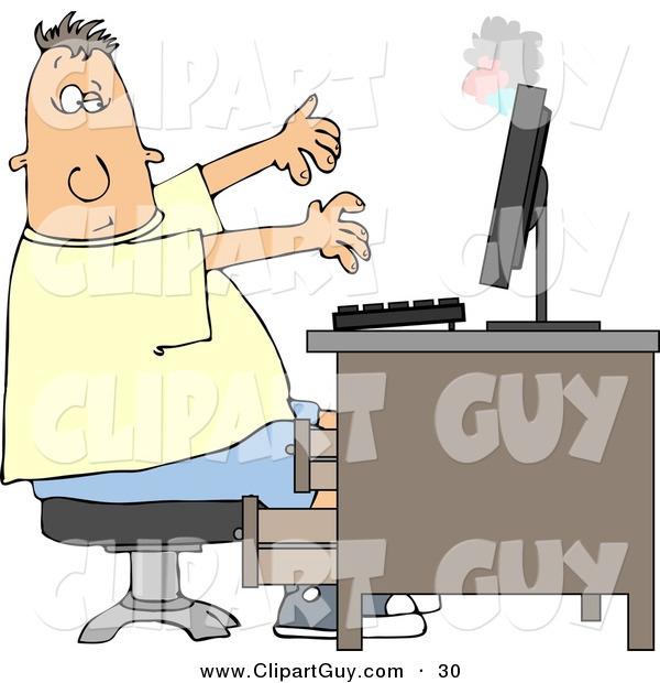 Clip Art of a White Man's Computer Monitor Blowing up in His Face