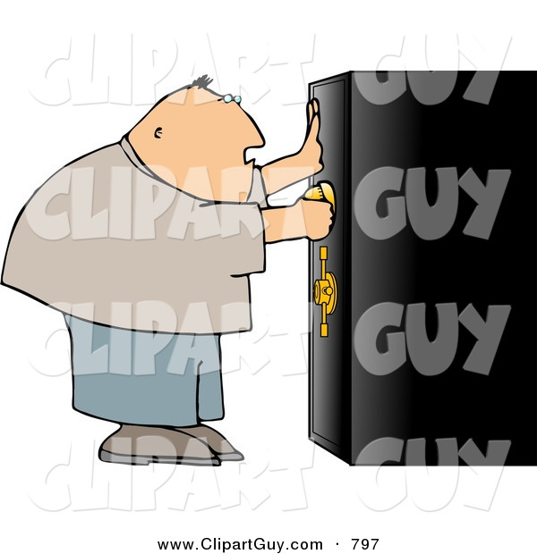 Clip Art of a White Overweight Man Unlocking a Heavy Duty Safe
