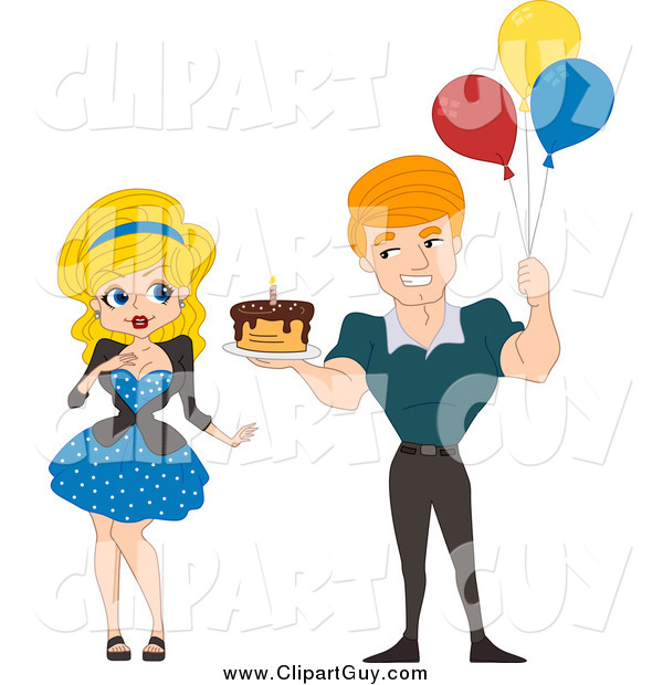 Clip Art of a White Pinup Man Holding a Birthday Cake and Balloons