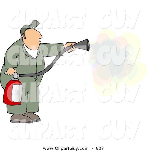 Clip Art of a White Repairman Spraying Fire Extinguisher on a Fire