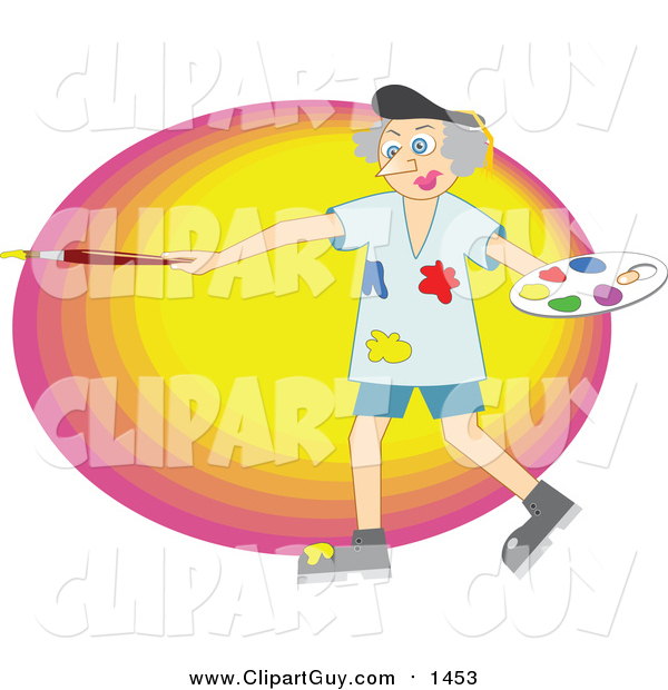 Clip Art of a White Senior Male Artist Holding a Palette and Paintbrush over a Colorful Oval