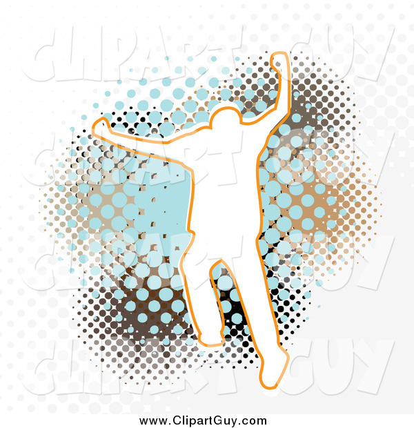 Clip Art of a White Silhouetted Man Leaping over a Brown and Blue Dotted Grunge Background on White