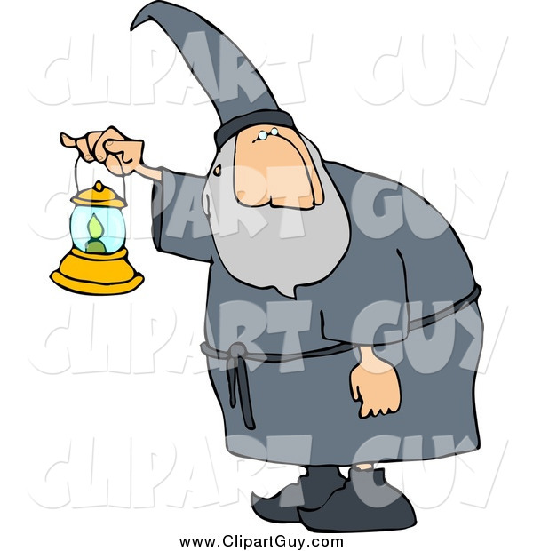 Clip Art of a Wizard Walking Around at Night with a Lit Lantern