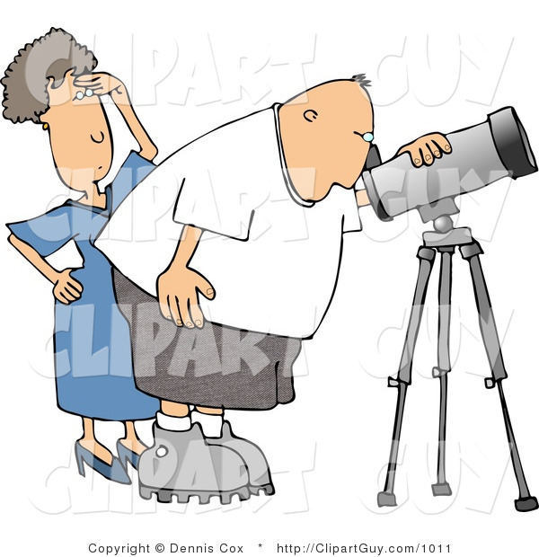 Clip Art of a Woman Standing Behind Her Husband, the Astronomer, Looking Through a Telescope