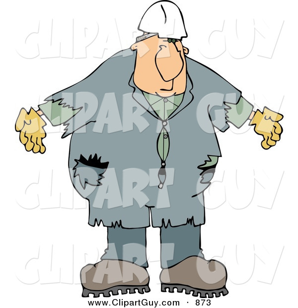 Clip Art of a Worker Man Wearing Old Coveralls and a White Hard Hat