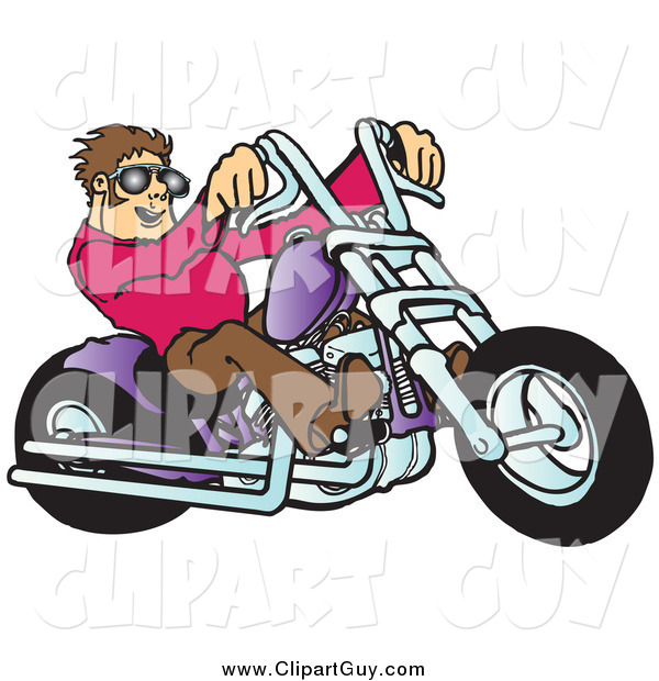 Clip Art of a Young, Brunette White Biker Dude in Shades, Riding His Purple Chopper