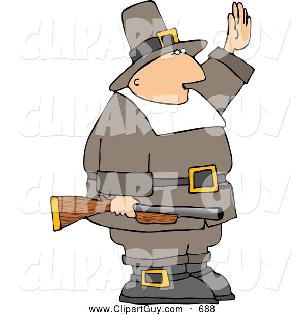 Clip Art of AArmed Pilgrim Man Waving His Hand in the Air, Holding a Rifle