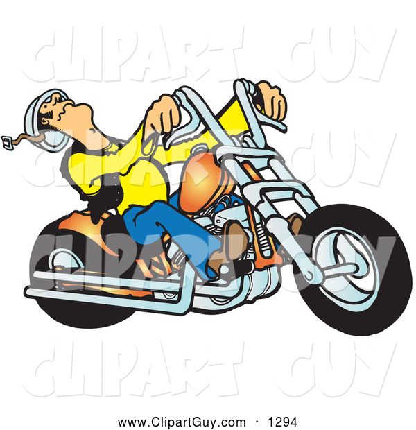 Clip Art of ABiker Dude Riding a Powerful Orange Chopper
