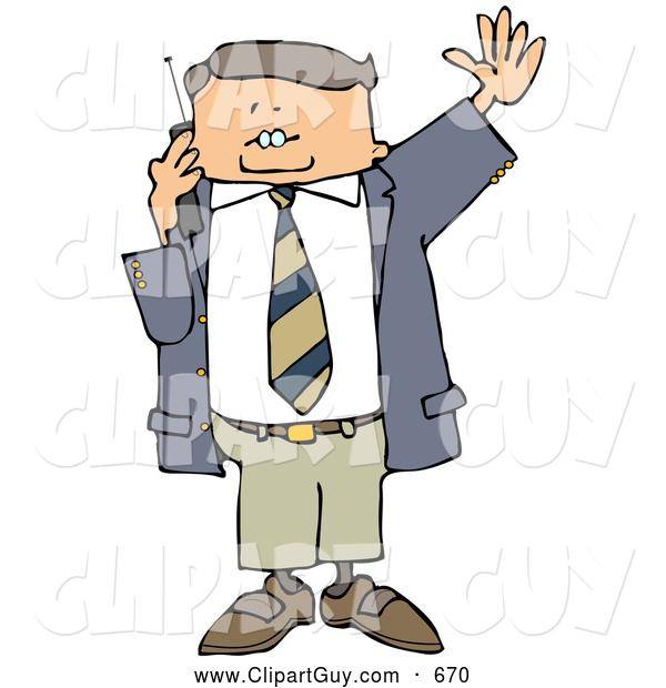 Clip Art of ABoring Business Man Talking on a Cellphone and Waving at Someone