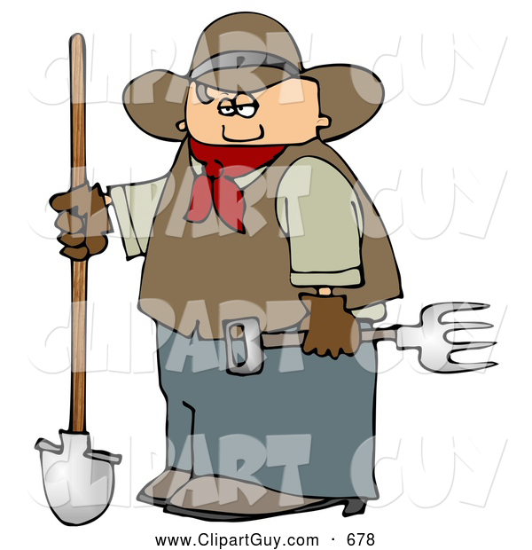 Clip Art of ABrown Cowboy Farmer Holding a Pitchfork & Shovel