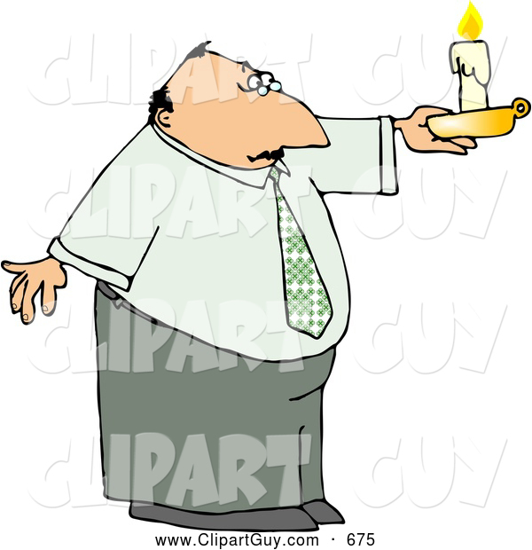 Clip Art of ACaucasian Business Man Holding a Lit Candle During a Power Outage