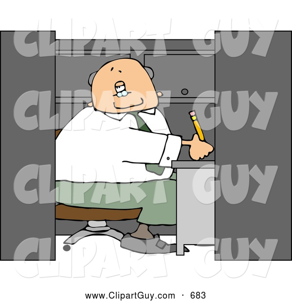 Clip Art of ACaucasian Elderly Businessman Working in a Small Office Cubicle