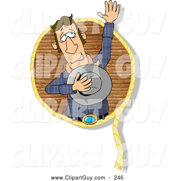 Clip Art of ACaucasian Happy Lariat Cowboy Waving His Hand to the Crowd