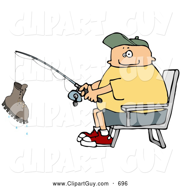 Clip Art of ACheerful Fisherman Catching a Boot with a Fishing Pole - Fishing Humor